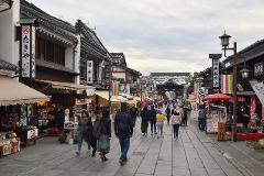 A bustling street in Japan, lined with traditional shops and a large gate in the distance, filled with people walking in both directions under a cloudy sky.