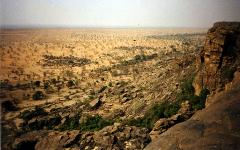 A vast, arid landscape stretches out from a rocky cliff, dotted with sparse trees and shrubs, creating a contrast between the barren plain and the rugged terrain.
