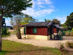 Two-Day Budget Safari Around Wonga Wongue Reserve Small, rustic cabins with corrugated iron walls and thatched roofs are situated in a sandy area with surrounding grass and trees under a blue, cloudy sky.