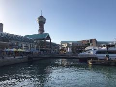 A scenic view of a waterfront area with a prominent tower, buildings, and boats docked along the water.