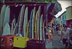 A bustling beachside scene shows a surfboard rental shop stocked with numerous boards alongside an active street filled with people.