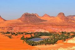 The image shows a desert oasis with mountains in the background under a clear blue sky.