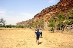 Three hikers are walking away from the camera across a dry, sandy landscape towards a tall, rocky cliff with scattered trees.