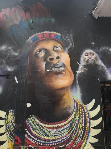 The image shows a mural depicting a Native American chief smoking with a monkey beside him, painted against a spacey background.
