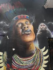 The image shows a mural depicting a Native American chief smoking with a monkey beside him, painted against a spacey background.