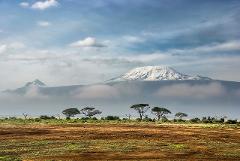 A scenic landscape features a snow-capped mountain partially obscured by clouds, rising above a flat terrain with scattered trees and vegetation under a cloudy sky.