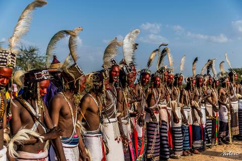 A line of Wodaabe men in traditional attire with red face paint, feathered headdresses, and beaded necklaces stand during the Gerewol festival.