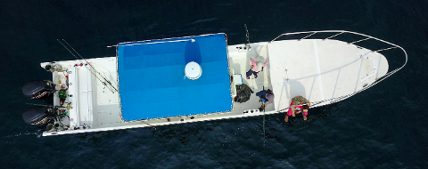 A top-down shot of a white fishing boat with a blue canopy on the dark sea, featuring three people fishing from the back.
