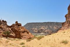 A panoramic view of a desert landscape with red sandstone formations, a distant mountain range topped with electrical towers, and sparse vegetation under a clear blue sky.