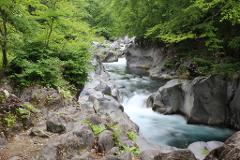 A river runs swiftly through a rocky, green forest, creating small waterfalls and pools of turquoise water.