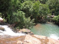 A scenic view from the top of a waterfall overlooking a lush green forest and a clear pool of water.