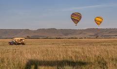 A vibrant African safari scene with two hot air balloons floating above a vast, grassy plain where a safari vehicle carries tourists, and birds graze in the foreground.