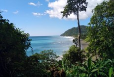 Panama City and Darien Gap Here's a description of the image:A scenic view of a black sand beach framed by lush, green foliage, with turquoise waters stretching to a distant, forested headland under a partly cloudy sky.