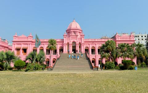 A pink building with a dome and stairs leads up to the entrance, with people walking down, a flag flying, and trees in front of it.