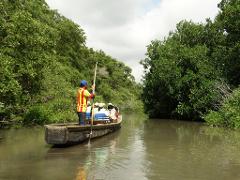 Salamanca Island Road Park Birdwatching Tour from Santa Marta A long boat with people on board is being poled through a narrow waterway lined with lush green trees.