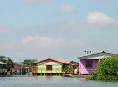 Ciénaga Grande de Santa Marta Birdwatching from Santa Marta A vibrant scene unfolds with colorful stilt houses dotting the water under a cloudy sky, creating a picturesque waterside village.