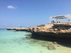 A serene coastal view features rocky cliffs meeting turquoise waters under a clear blue sky, adorned with small buildings and a white pergola-like structure on the clifftop.