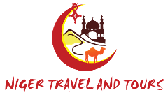 The image is a logo for Niger Travel and Tours. It features a red and yellow crescent moon framing a desert landscape with a camel and a mosque.