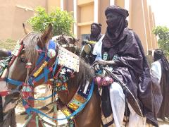 Two men in traditional attire ride decorated horses during the Bianou Festival in Niger.
