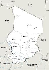 This is a political map of Chad, showing its location in central Africa and neighboring countries (Libya, Egypt, Sudan, South Sudan, Central African Republic, Cameroon, Nigeria, Niger). It also shows the capital city of N'djamena and other major cities.