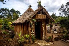A traditional Papua New Guinean hut with a thatched roof and wooden walls stands amidst lush greenery, adorned with skeletal figures flanking its entrance.