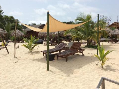 Sun loungers and palm trees on a sandy beach with thatched-roof huts in the background.