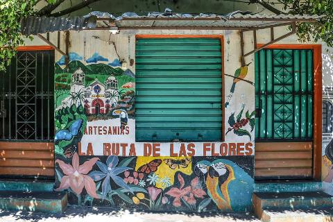 A colorful shop front with murals displaying flowers, butterflies, a toucan, parrots, and a church building, with a green roll-up door and two secured doors.