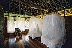 The interior of Karawari Lodge features two beds with mosquito nets, a wooden floor, a chair, a window, and a thatched roof.