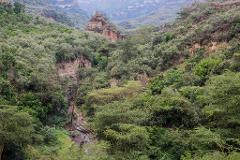 A lush, green canyon scene with a narrow stream running through the center, framed by dense vegetation and a rocky, layered hill in the background.