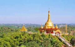 This image showcases a golden Buddhist temple complex set atop a lush green hill under a clear blue sky, accessible by a stairway.