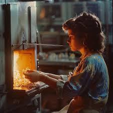A woman works with molten glass at a furnace in a dimly lit workshop, crafting either chopstick rests or Tonbodama beads.
