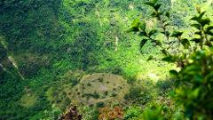 A bird's eye view of a lush green landscape featuring a circular depression or crater, framed by foreground foliage.