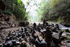 A tranquil scene of stacked stones near a riverbank, surrounded by lush greenery and towering trees, creating a peaceful and meditative atmosphere.