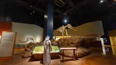 A man in traditional Arab dress observes a prehistoric mammal skeleton on display in a museum.