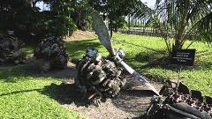 Outdoor display of WWII-era aircraft engines and propellers, recovered from an American P-38 Lightning plane in Rabaul, amidst lush tropical foliage and grass.