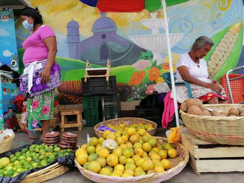Two women sell fruit at a vibrant outdoor market, with baskets overflowing with limes, oranges, and other round fruits in front of a colorful mural.