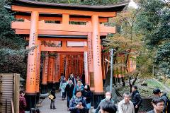 A crowd of people walks through a tunnel of vibrant orange torii gates at Fushimi Inari Shrine in Kyoto, Japan.