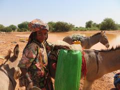 A young girl with traditional face paint stands next to donkeys carrying water jugs near a murky watering hole in a dry landscape.