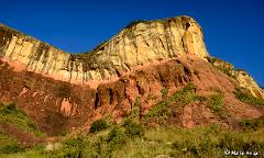 A striking rock formation with layers of reddish-brown and yellowish-tan rock under a clear blue sky, partially covered with vegetation.