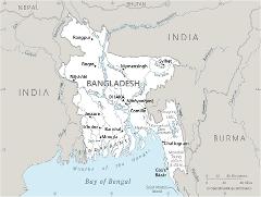 This map shows Bangladesh, its bordering countries (India, Burma, Nepal, Bhutan), major cities, rivers, and geographic features like the Bay of Bengal and the Sundarbans.