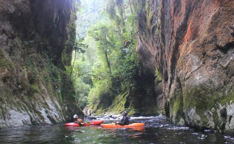 San Agustín Kayak - 9 Days Two kayakers navigate through a narrow, river gorge surrounded by lush, moss-covered rock walls and dense greenery.