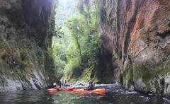 San Agustín Kayak - 9 Days Two kayakers navigate through a narrow, river gorge surrounded by lush, moss-covered rock walls and dense greenery.
