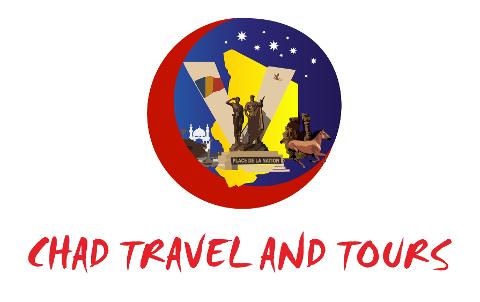A logo for "Chad Travel and Tours" features a circular emblem with the Chad flag, statues, a landmark, a horse, stars, and a red crescent, set against a white background.