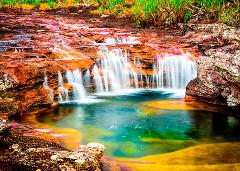 Caño Cristales River of Five Colors Experience (4 Days / 3 Nights) A stunning waterfall cascades over colorful, red-tinged rocks into a vibrant turquoise pool, with streaks of yellow and green in the water.
