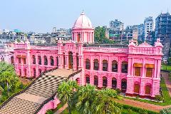 This is a high-angle shot of Ahsan Manzil, a historical pink palace in Dhaka, Bangladesh, surrounded by lush green palm trees and a long staircase leading to the main entrance.