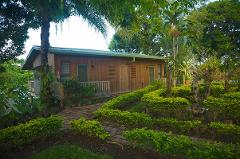 A wooden cabin with green trim is surrounded by lush greenery and a brick pathway, creating a tranquil and inviting scene.