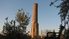 A tall, ornate tower stands prominently against a clear blue sky, framed by trees and a glimpse of a distant minaret.