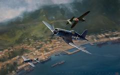 The image depicts an aerial battle over Rabaul during World War II, with American F4U Corsairs engaging a Japanese Zero fighter.