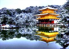 Kinkakuji-templet (Gyllene paviljongen) i Kyoto, Japan, speglas i en damm omgiven av snötäckta träd.