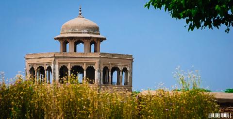 An ornate, weathered building with a dome stands among lush vegetation under a clear blue sky.